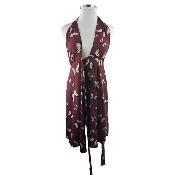 Reformation Johnson Dress Wrap Halter Tie Butterfly Print Burgundy Women's Large - Picture 3 of 15